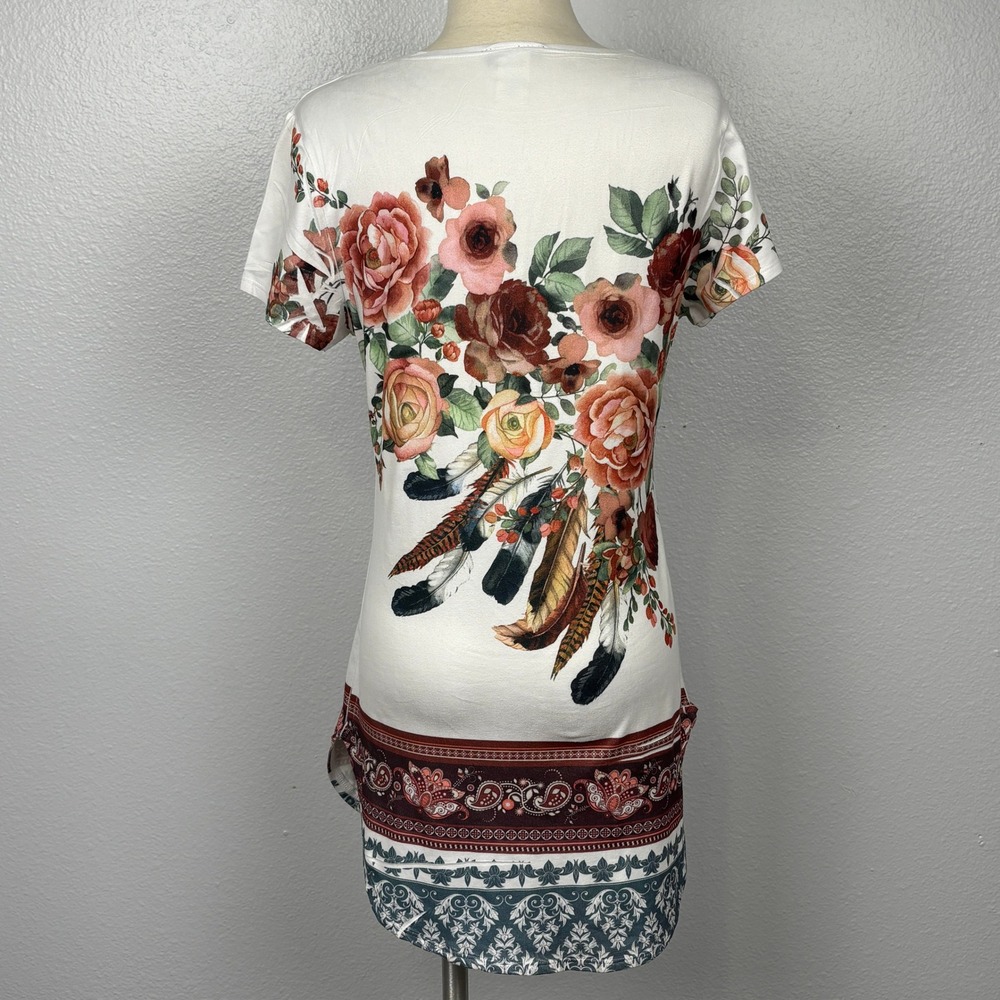 Dice Floral Tunic Top Women Medium Boho Roses Feather Print Short Sleeve - Picture 3 of 8